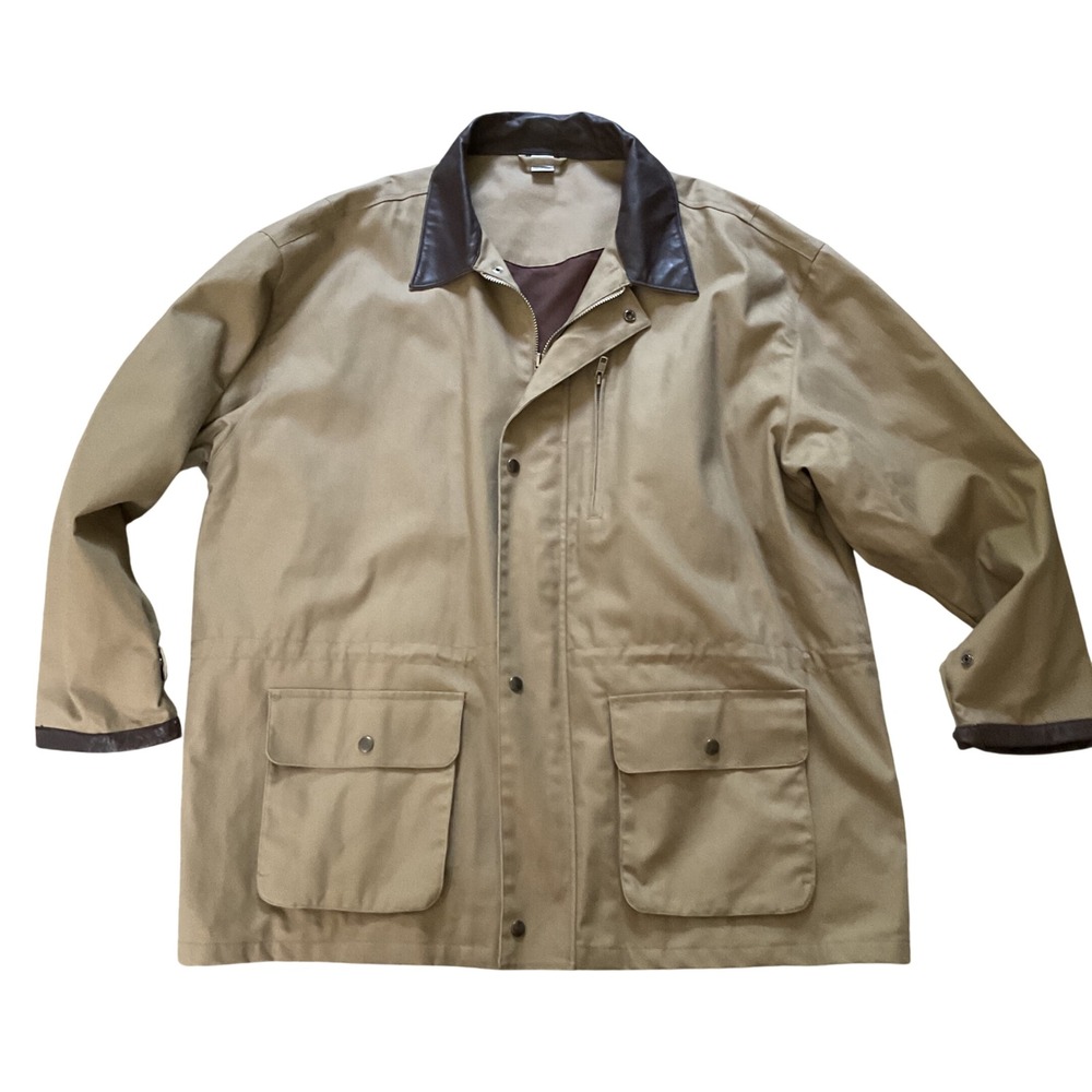 Tan Cotton Canvas Field Jacket with Leather Collar XXL Brown Trim Utility Coat